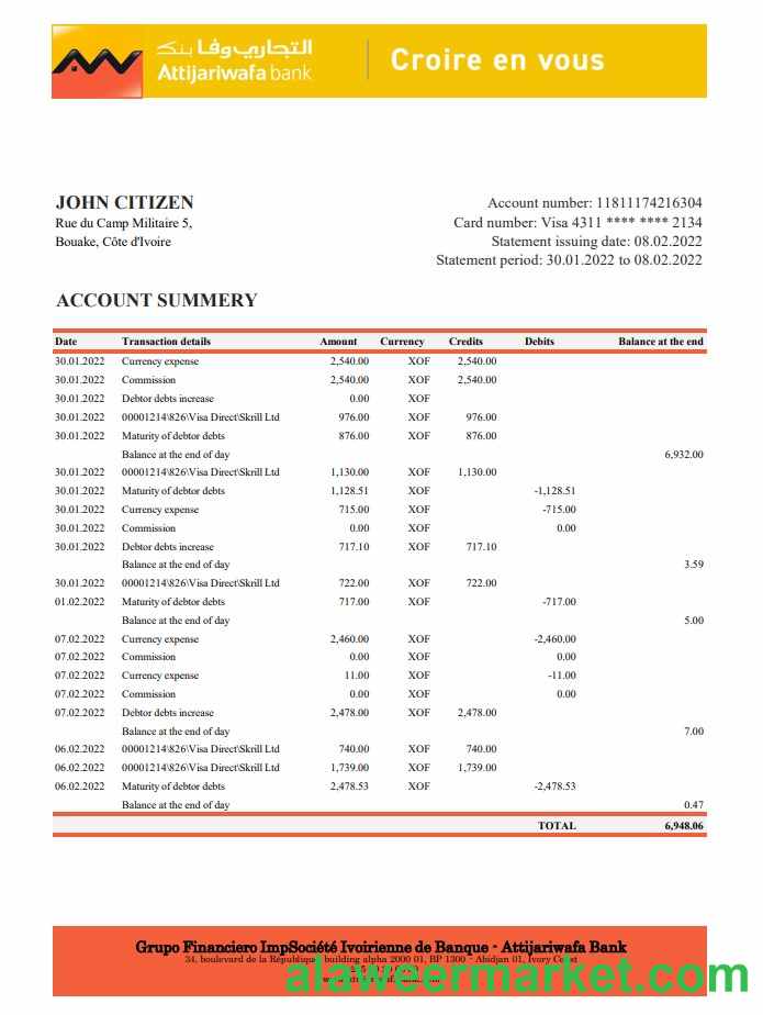 Cote d'Ivoire Attijariwafa bank statement xls